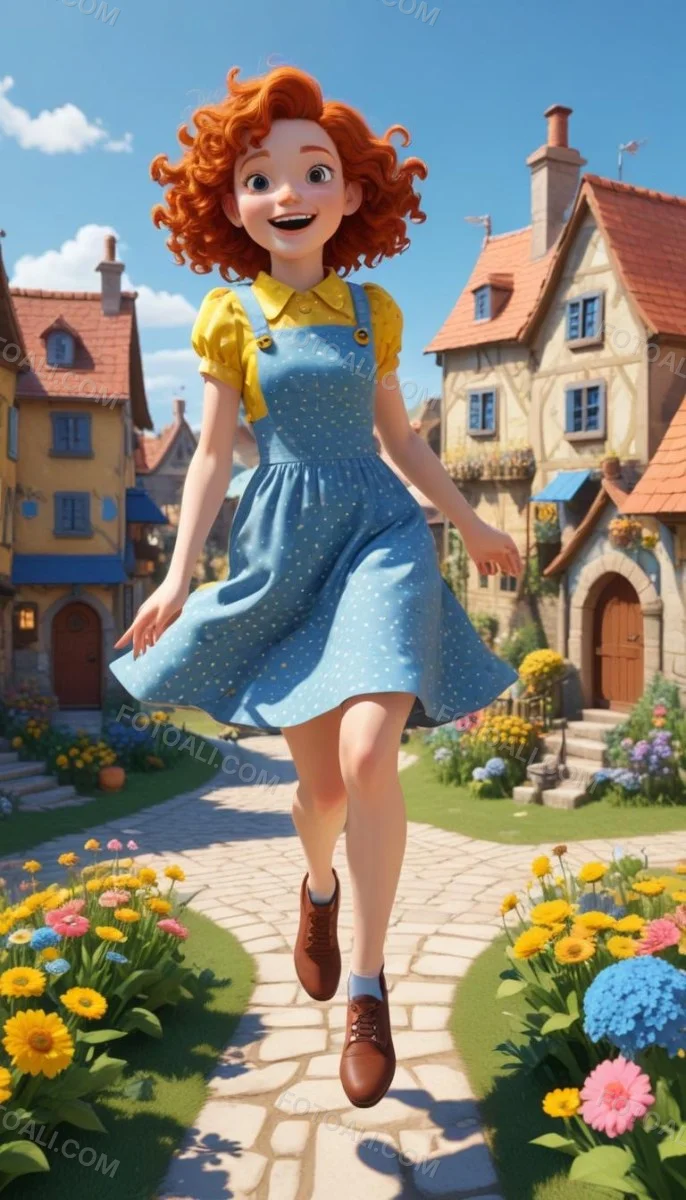 A Young Red Haired Girl With Curly Hair Wearing A Yellow Shirt And Polka Dot Skirt Jumping Joyfully In A Colorful Whimsical Town Setting With Houses Flowers And Floating Balloons 1 Bad7
