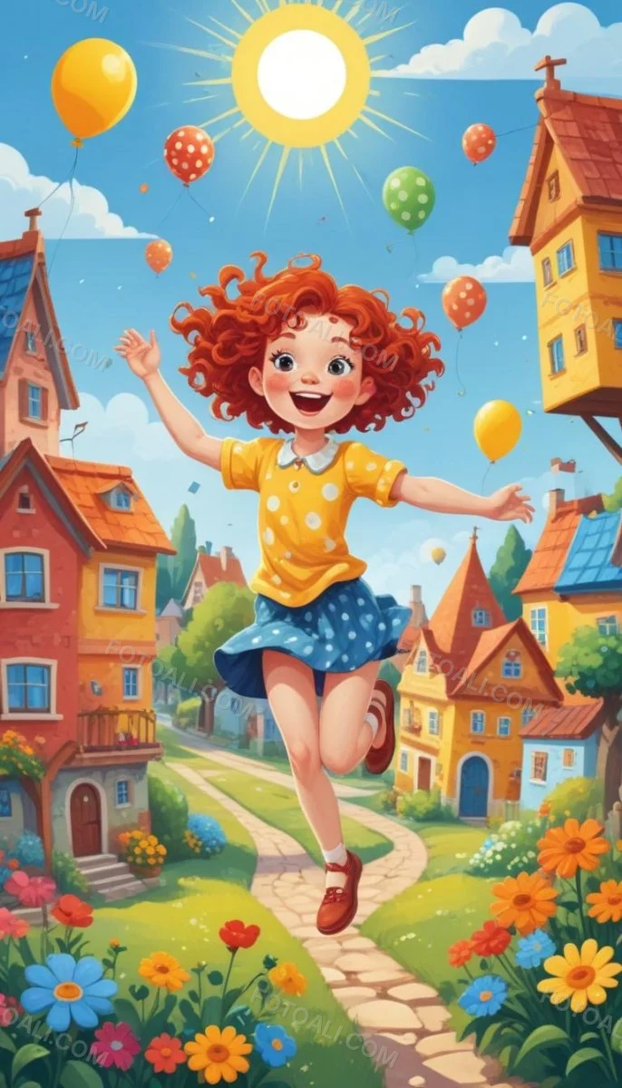 A Young Red Haired Girl With Curly Hair Wearing A Yellow Shirt And Polka Dot Skirt Jumping Joyfully In A Colorful Whimsical Town Setting With Houses Flowers And Floating Balloons 10 A029