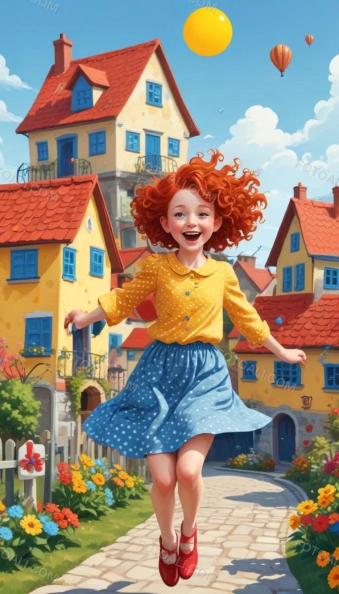 A Young Red Haired Girl With Curly Hair Wearing A Yellow Shirt And Polka Dot Skirt Jumping Joyfully In A Colorful Whimsical Town Setting With Houses Flowers And Floating Balloons 11 6ca9