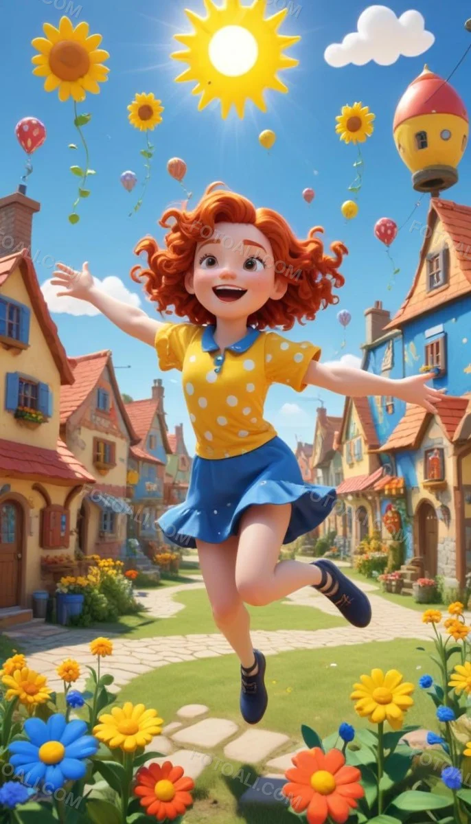 A Young Red Haired Girl With Curly Hair Wearing A Yellow Shirt And Polka Dot Skirt Jumping Joyfully In A Colorful Whimsical Town Setting With Houses Flowers And Floating Balloons 17 D1db