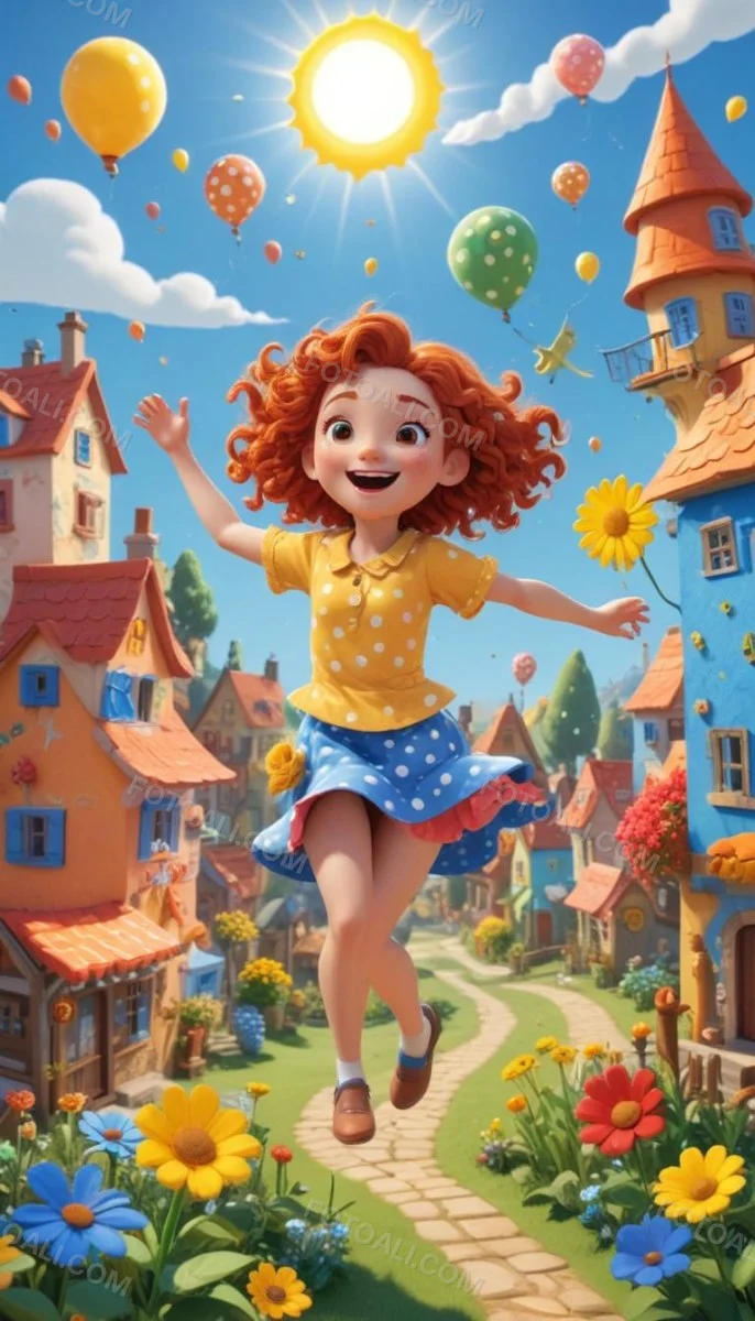 A Young Red Haired Girl With Curly Hair Wearing A Yellow Shirt And Polka Dot Skirt Jumping Joyfully In A Colorful Whimsical Town Setting With Houses Flowers And Floating Balloons 19 26dc