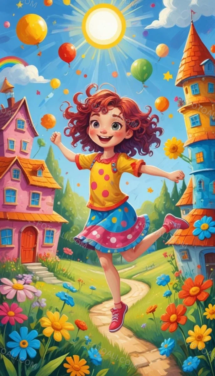 A Young Red Haired Girl With Curly Hair Wearing A Yellow Shirt And Polka Dot Skirt Jumping Joyfully In A Colorful Whimsical Town Setting With Houses Flowers And Floating Balloons 2 53b7