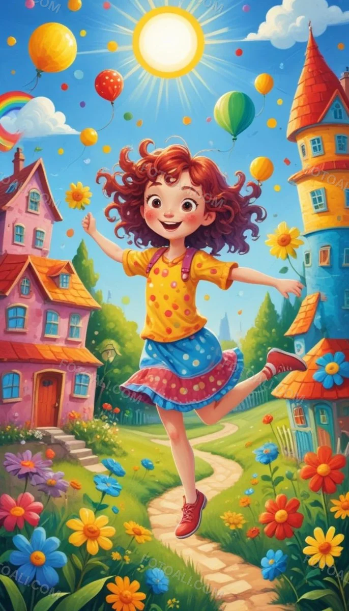 A Young Red Haired Girl With Curly Hair Wearing A Yellow Shirt And Polka Dot Skirt Jumping Joyfully In A Colorful Whimsical Town Setting With Houses Flowers And Floating Balloons 3 6a30
