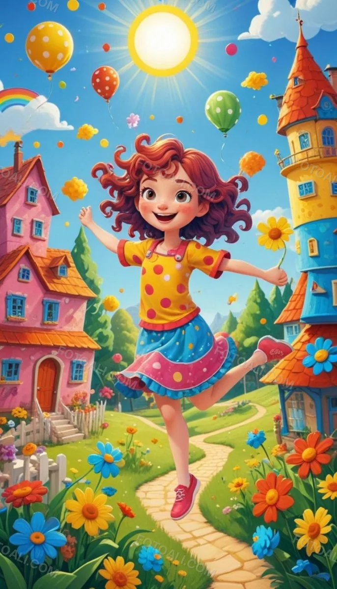 A Young Red Haired Girl With Curly Hair Wearing A Yellow Shirt And Polka Dot Skirt Jumping Joyfully In A Colorful Whimsical Town Setting With Houses Flowers And Floating Balloons 4 3629