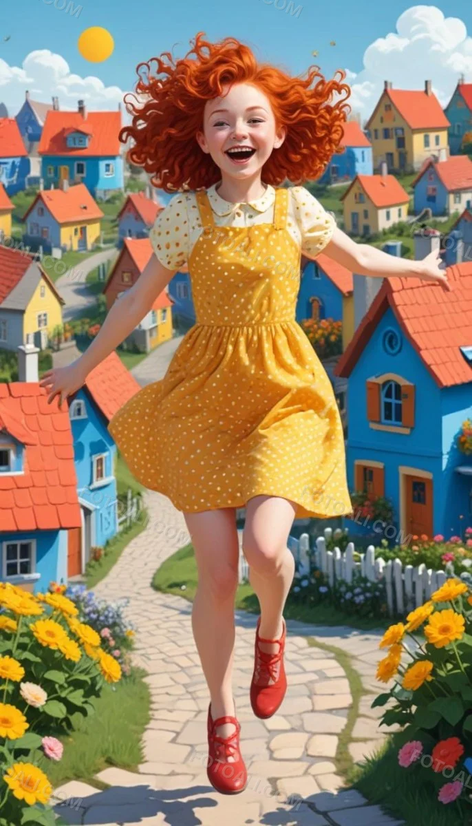 A Young Red Haired Girl With Curly Hair Wearing A Yellow Shirt And Polka Dot Skirt Jumping Joyfully In A Colorful Whimsical Town Setting With Houses Flowers And Floating Balloons 6 Ac23