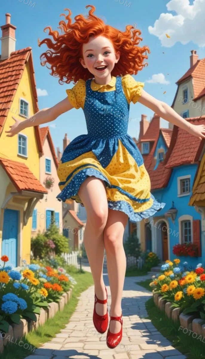 A Young Red Haired Girl With Curly Hair Wearing A Yellow Shirt And Polka Dot Skirt Jumping Joyfully In A Colorful Whimsical Town Setting With Houses Flowers And Floating Balloons 8 D66b