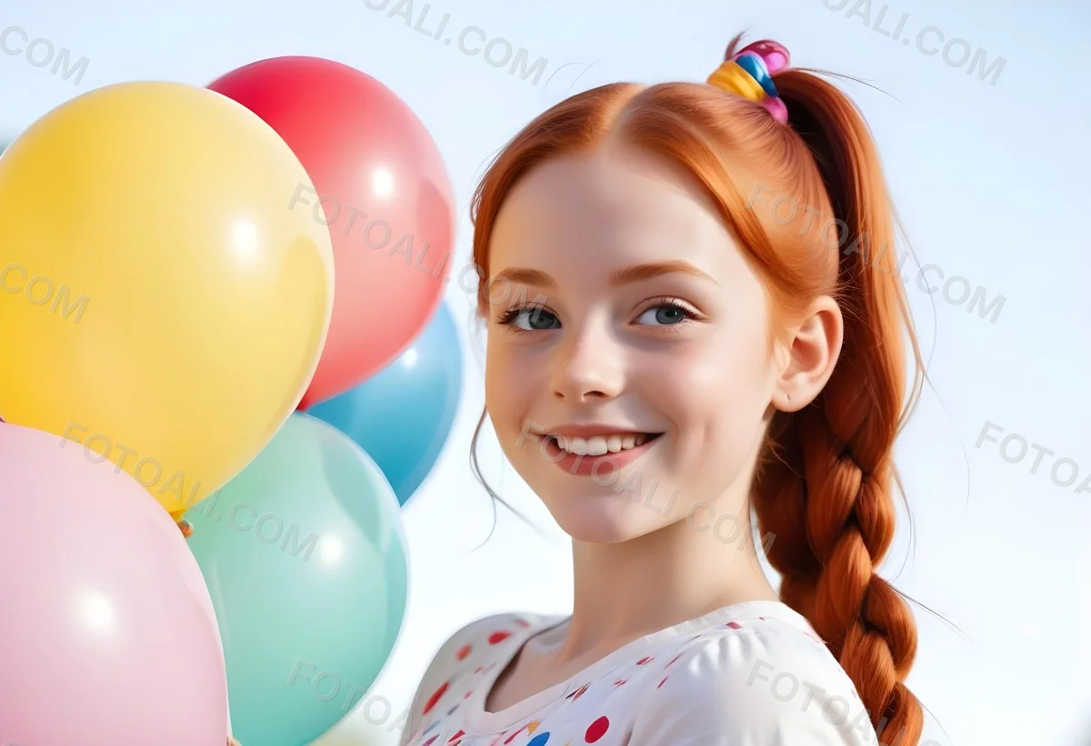 A Young Smiling Redheaded Girl With Pigtails Holding Colorful Balloons In A Sunny Park 1 32c1