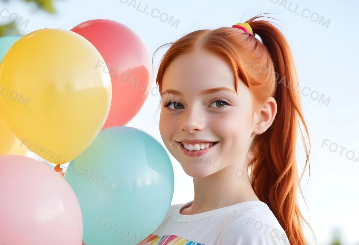 A Young Smiling Redheaded Girl With Pigtails Holding Colorful Balloons In A Sunny Park 10 04f6