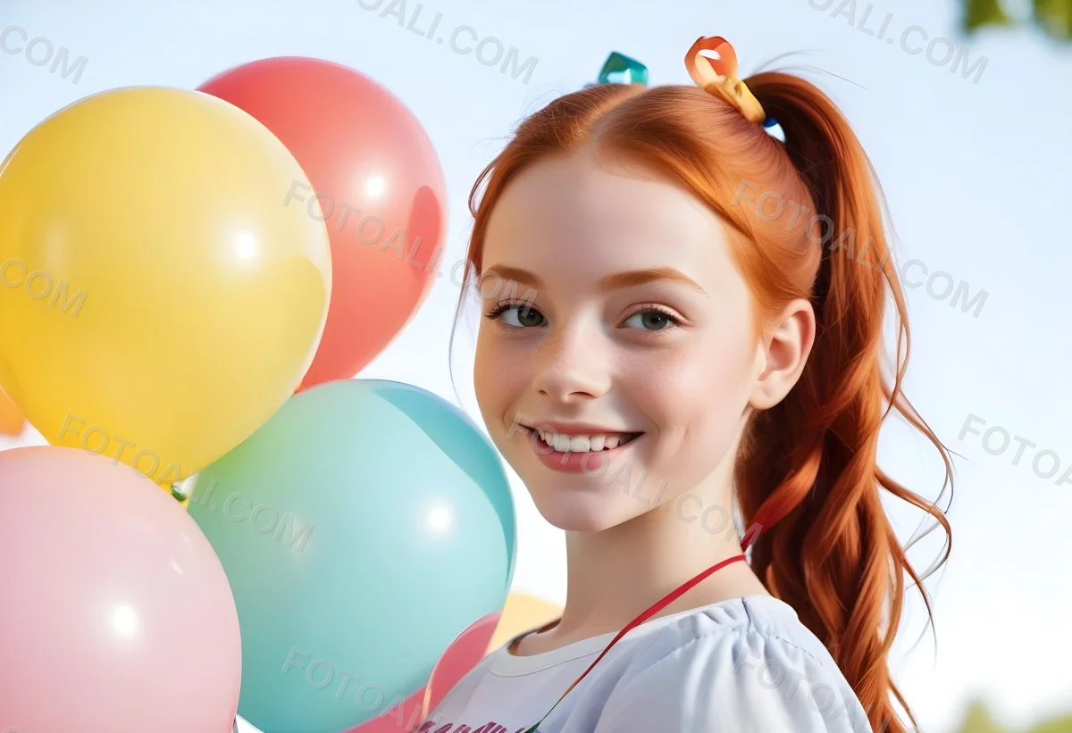 A Young Smiling Redheaded Girl With Pigtails Holding Colorful Balloons In A Sunny Park 16 Baa2