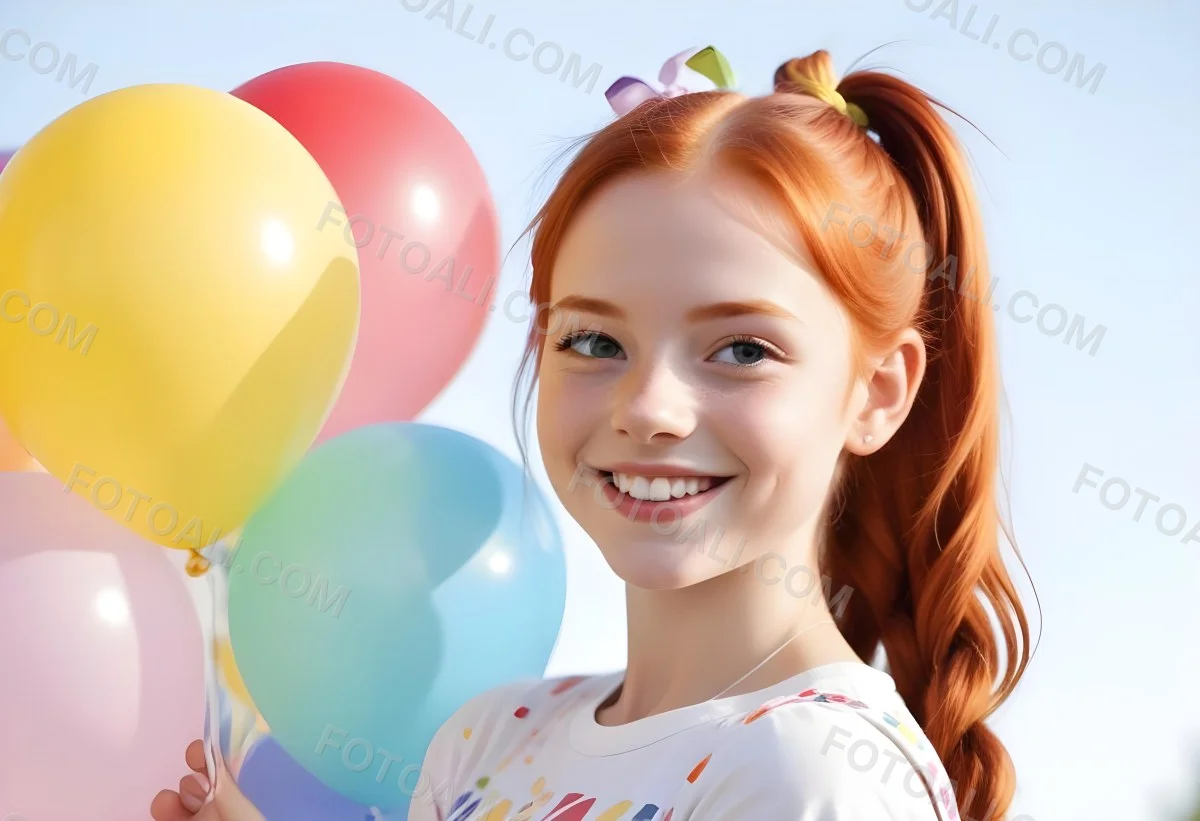 A Young Smiling Redheaded Girl With Pigtails Holding Colorful Balloons In A Sunny Park 4 6c63