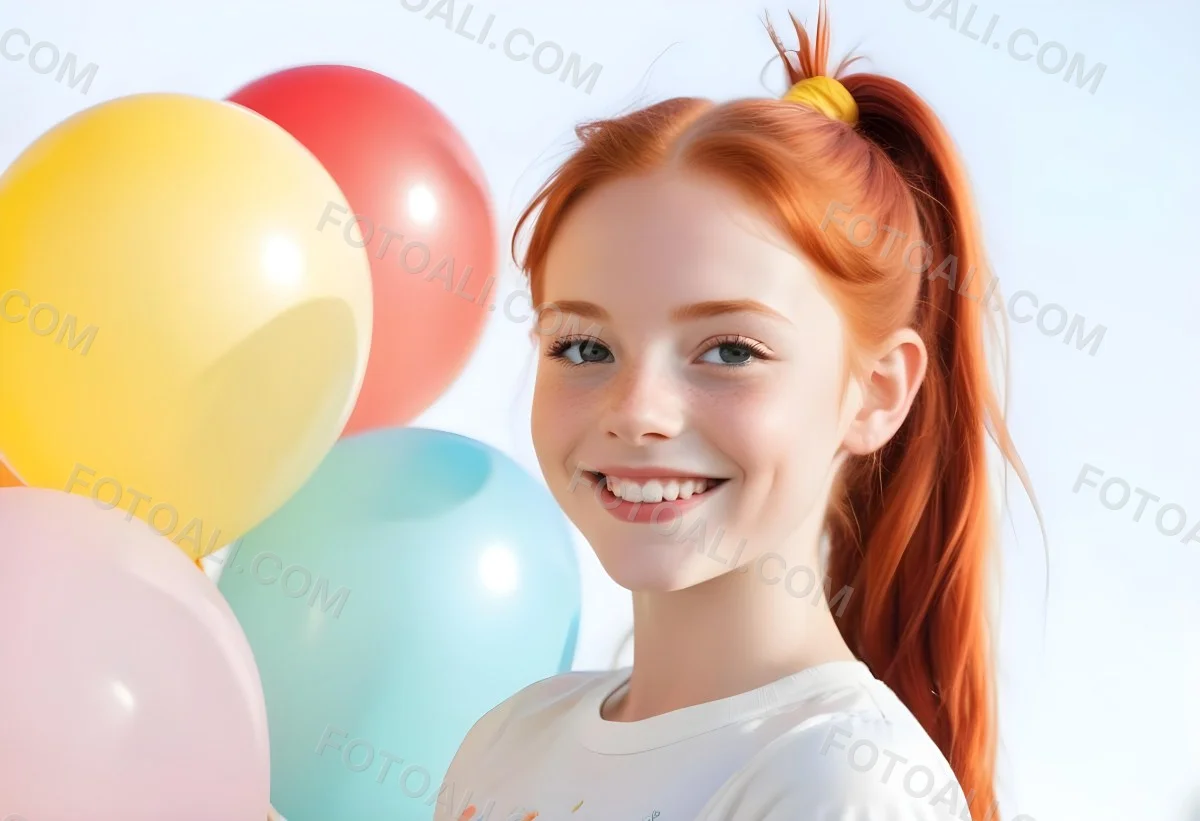 A Young Smiling Redheaded Girl With Pigtails Holding Colorful Balloons In A Sunny Park 6 79fc