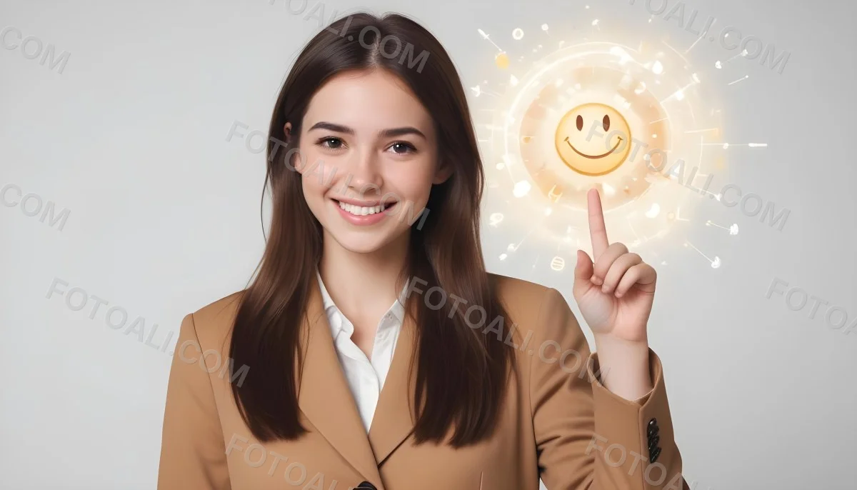 A Young Woman Approximately 25 Years Old With Fair Skin And Long Straight Brown Hair She Is Wearing A Tan Blazer Over A White Shirt And Is Smiling While Pointing At A Glowing Interface With Check Marks And Smiley Faces 4 D07c