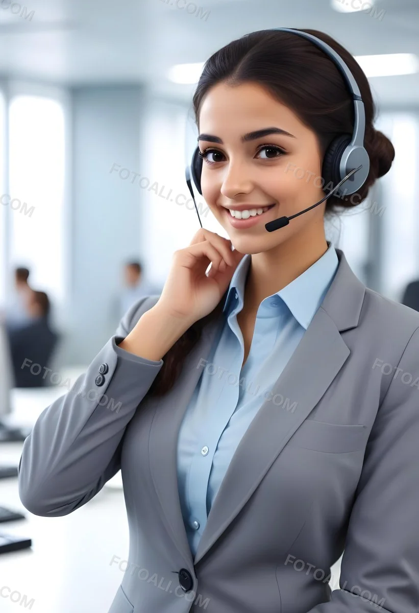 A Young Woman Of Middle Eastern Descent Approximately 25 Years Old With Long Dark Hair Styled In A Bun Wearing A Gray Business Suit And A Light Blue Shirt She Is Smiling And Holding A Headset To Her Ear Appearing E 11 7d8f