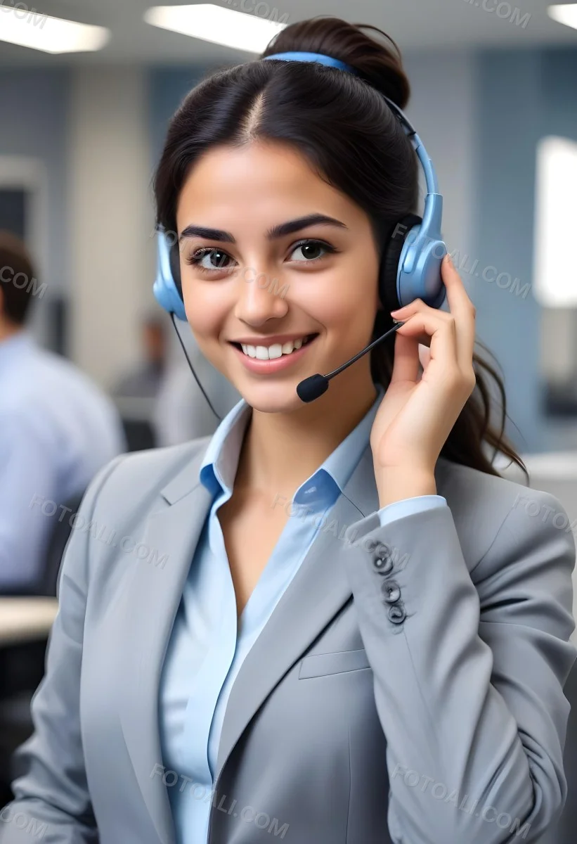 A Young Woman Of Middle Eastern Descent Approximately 25 Years Old With Long Dark Hair Styled In A Bun Wearing A Gray Business Suit And A Light Blue Shirt She Is Smiling And Holding A Headset To Her Ear Appearing E 15 Cb23