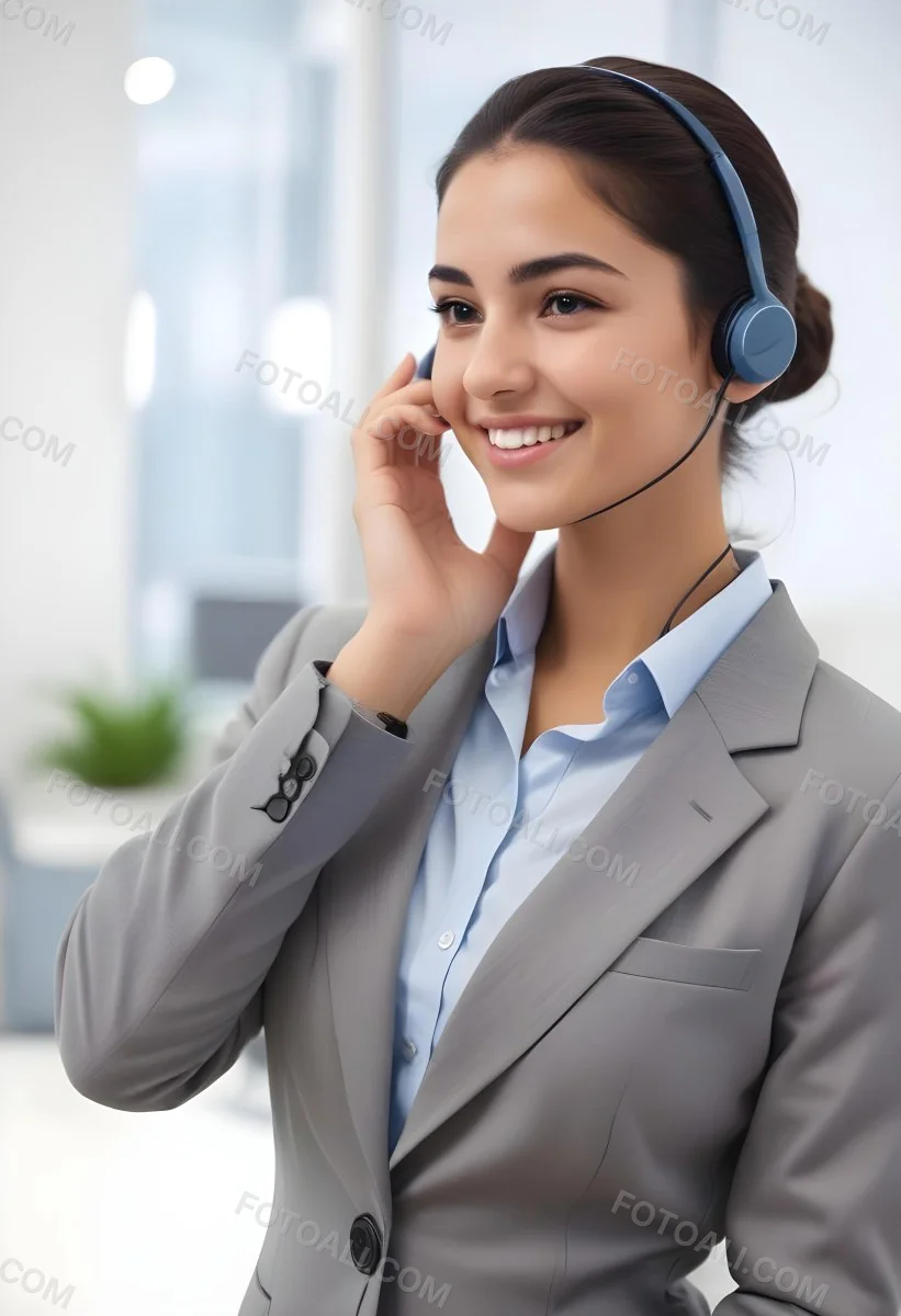 A Young Woman Of Middle Eastern Descent Approximately 25 Years Old With Long Dark Hair Styled In A Bun Wearing A Gray Business Suit And A Light Blue Shirt She Is Smiling And Holding A Headset To Her Ear Appearing E 27 8236