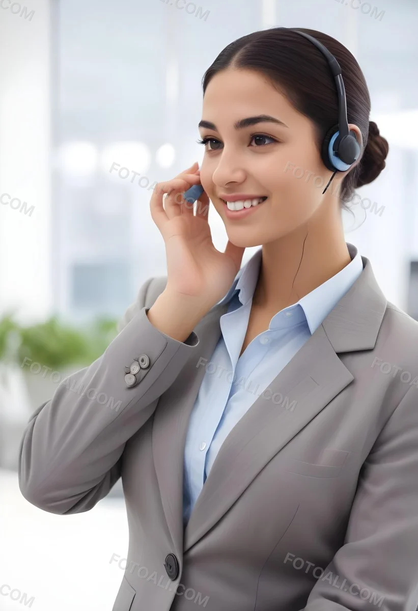 A Young Woman Of Middle Eastern Descent Approximately 25 Years Old With Long Dark Hair Styled In A Bun Wearing A Gray Business Suit And A Light Blue Shirt She Is Smiling And Holding A Headset To Her Ear Appearing E 28 0e82