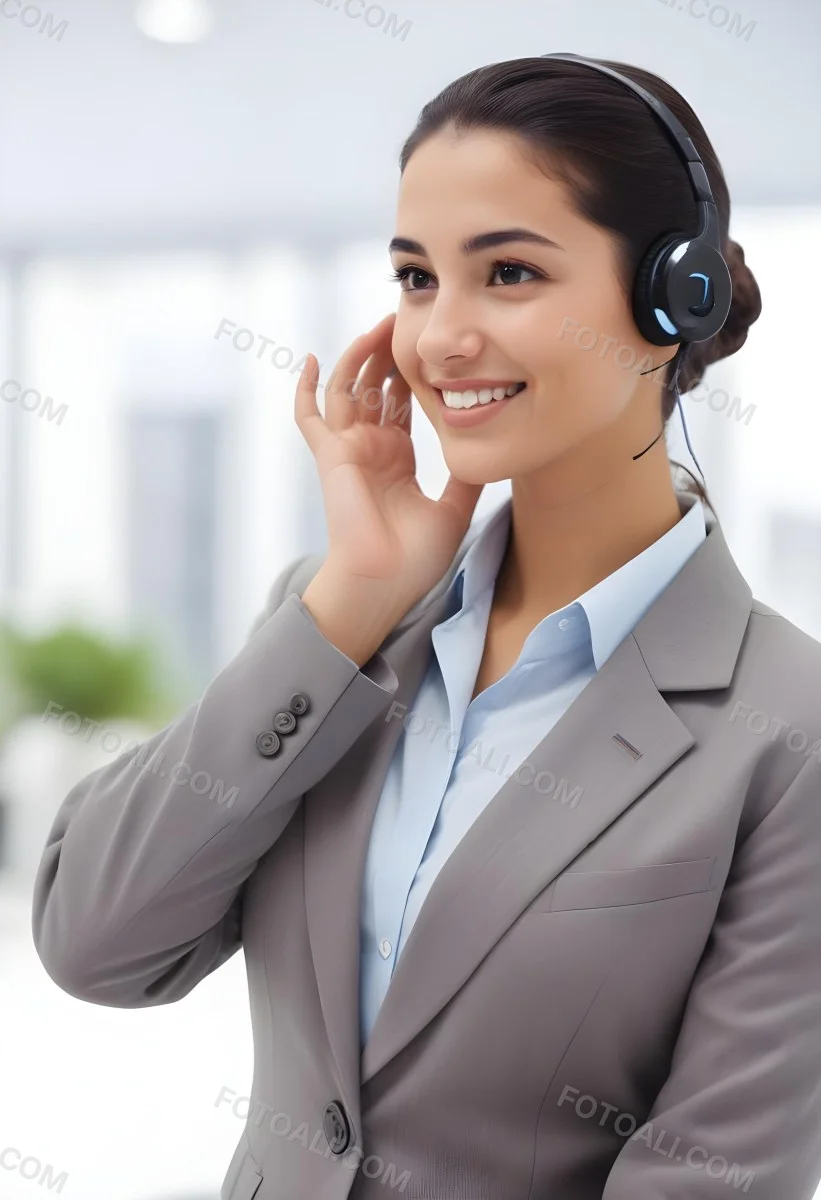 A Young Woman Of Middle Eastern Descent Approximately 25 Years Old With Long Dark Hair Styled In A Bun Wearing A Gray Business Suit And A Light Blue Shirt She Is Smiling And Holding A Headset To Her Ear Appearing E 29 4e4d
