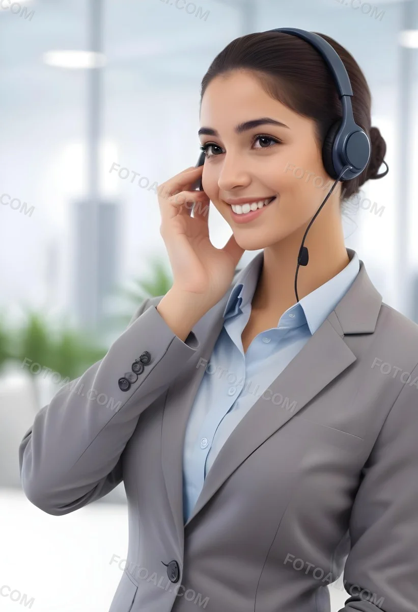 A Young Woman Of Middle Eastern Descent Approximately 25 Years Old With Long Dark Hair Styled In A Bun Wearing A Gray Business Suit And A Light Blue Shirt She Is Smiling And Holding A Headset To Her Ear Appearing E 3 39bf