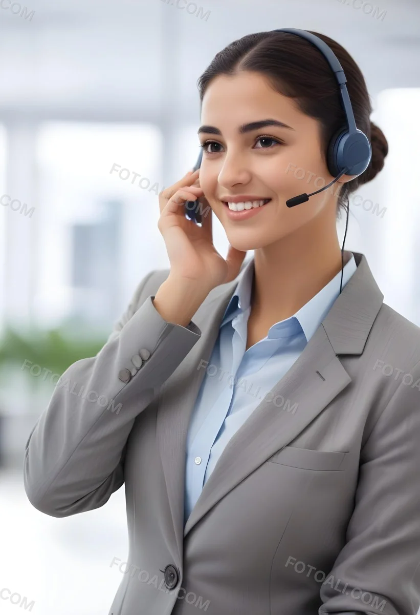 A Young Woman Of Middle Eastern Descent Approximately 25 Years Old With Long Dark Hair Styled In A Bun Wearing A Gray Business Suit And A Light Blue Shirt She Is Smiling And Holding A Headset To Her Ear Appearing E 30 B1c6