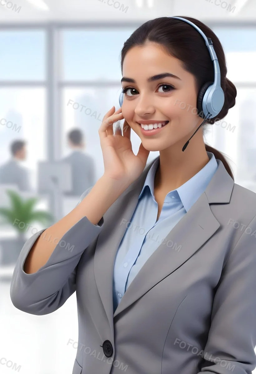 A Young Woman Of Middle Eastern Descent Approximately 25 Years Old With Long Dark Hair Styled In A Bun Wearing A Gray Business Suit And A Light Blue Shirt She Is Smiling And Holding A Headset To Her Ear Appearing E 4 Fb2c