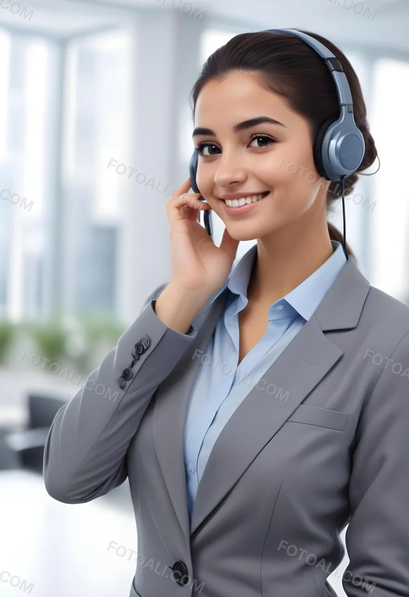 A Young Woman Of Middle Eastern Descent Approximately 25 Years Old With Long Dark Hair Styled In A Bun Wearing A Gray Business Suit And A Light Blue Shirt She Is Smiling And Holding A Headset To Her Ear Appearing E 5 C7b5