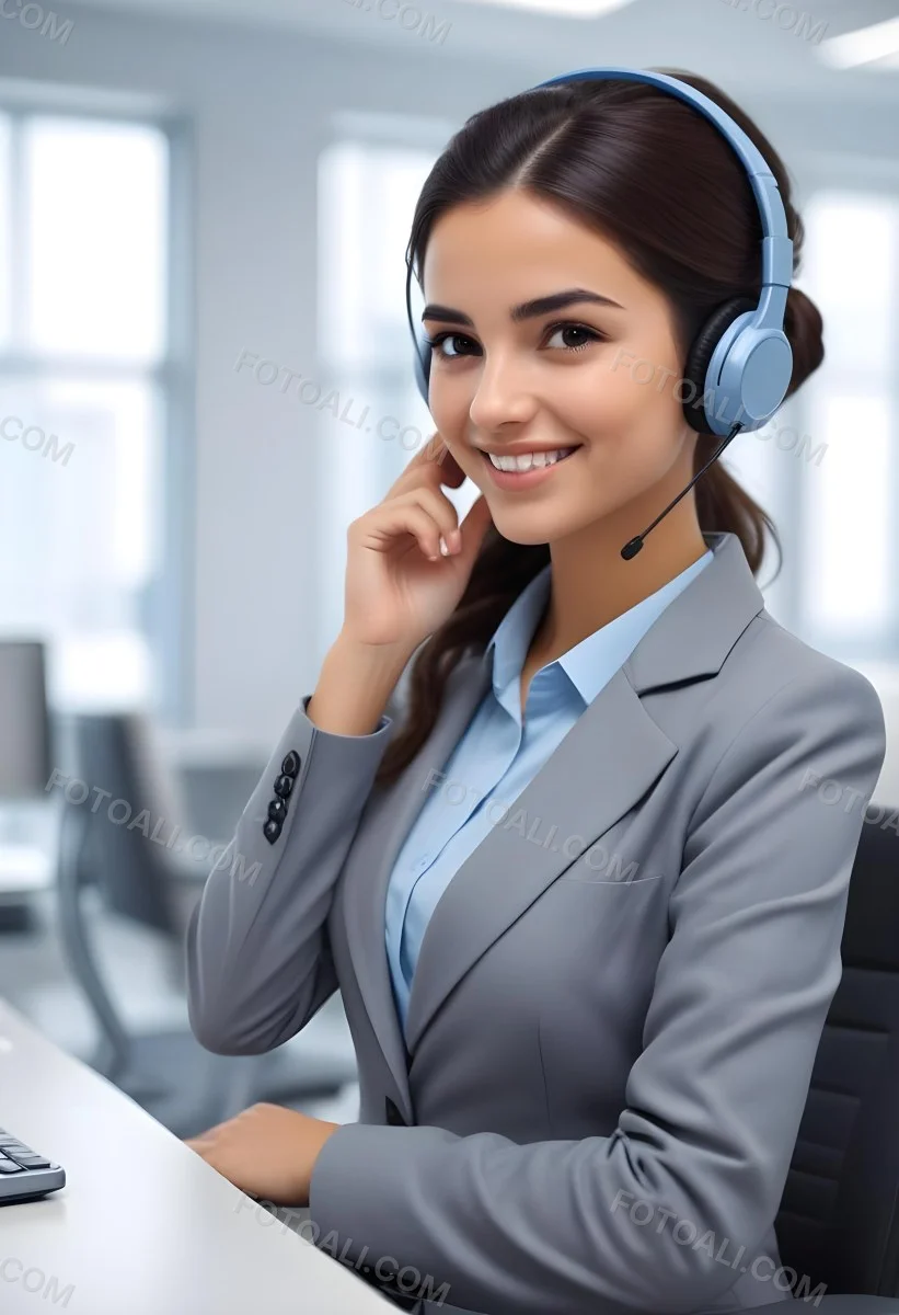 A Young Woman Of Middle Eastern Descent Approximately 25 Years Old With Long Dark Hair Styled In A Bun Wearing A Gray Business Suit And A Light Blue Shirt She Is Smiling And Holding A Headset To Her Ear Appearing E 7 Aa4f