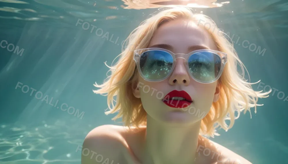 A Young Woman With Fair Skin And Blonde Hair Submerged In Water Wearing Oversized Transparent Sunglasses And Bright Red Lipstick The Sunlight Reflects Off The Water S Surface Creating A Shimmering Effect On Her Face 35 66b5