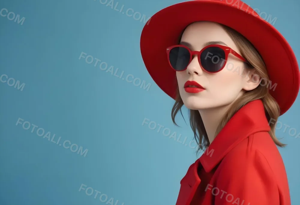 A Young Woman With Fair Skin And Light Brown Hair Approximately 25 Years Old Wearing A Red Hat And Red Sunglasses She Has Red Lipstick And Is Dressed In A Red Coat The Background Is A Solid Light Blue Color 115 0796