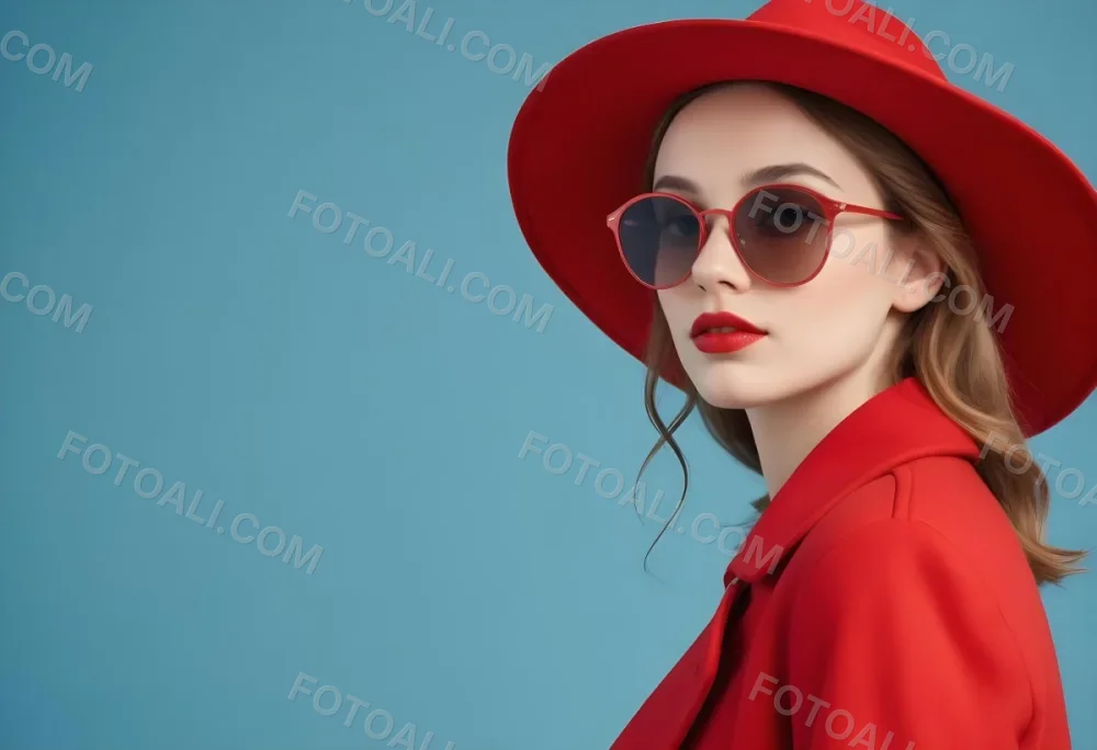 A Young Woman With Fair Skin And Light Brown Hair Approximately 25 Years Old Wearing A Red Hat And Red Sunglasses She Has Red Lipstick And Is Dressed In A Red Coat The Background Is A Solid Light Blue Color 119 F278
