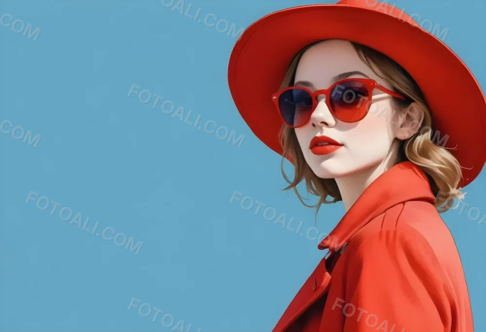 A Young Woman With Fair Skin And Light Brown Hair Approximately 25 Years Old Wearing A Red Hat And Red Sunglasses She Has Red Lipstick And Is Dressed In A Red Coat The Background Is A Solid Light Blue Color 43 A57b