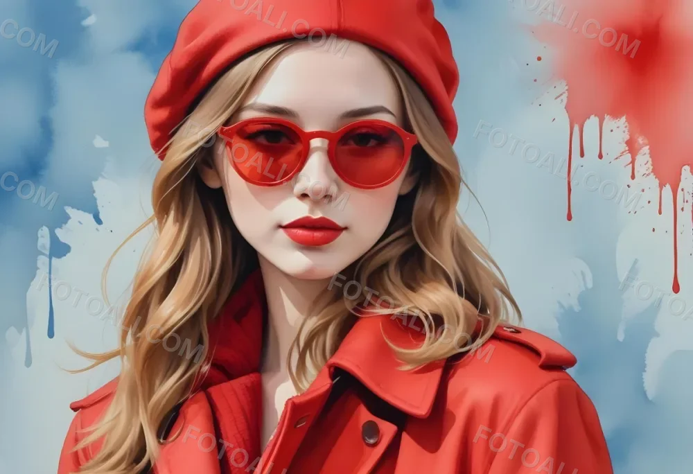 A Young Woman With Fair Skin And Light Brown Hair Approximately 25 Years Old Wearing A Red Hat And Red Sunglasses She Has Red Lipstick And Is Dressed In A Red Coat The Background Is A Solid Light Blue Color 56 Ac6d