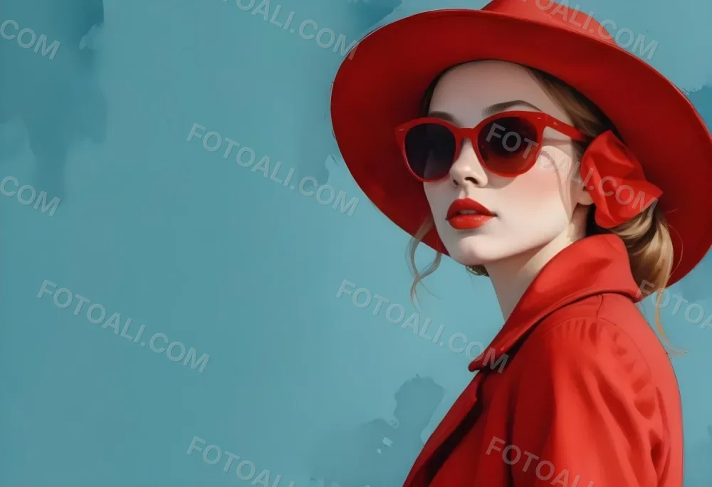 A Young Woman With Fair Skin And Light Brown Hair Approximately 25 Years Old Wearing A Red Hat And Red Sunglasses She Has Red Lipstick And Is Dressed In A Red Coat The Background Is A Solid Light Blue Color 82 8472
