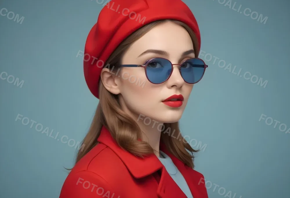 A Young Woman With Fair Skin And Light Brown Hair Approximately 25 Years Old Wearing A Red Hat And Red Sunglasses She Has Red Lipstick And Is Dressed In A Red Coat The Background Is A Solid Light Blue Color 88 Adc1