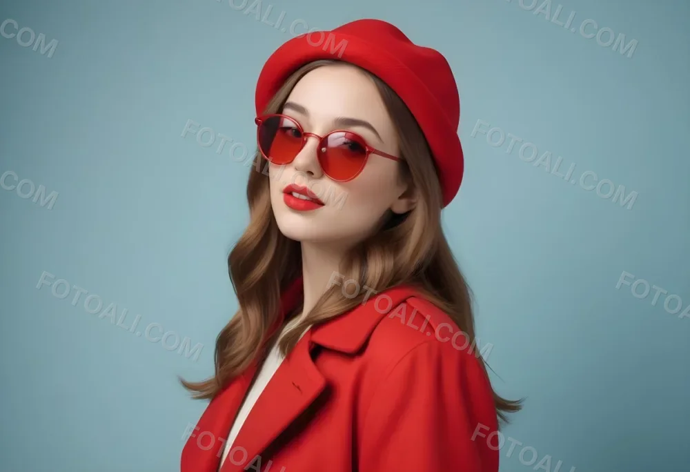 A Young Woman With Fair Skin And Light Brown Hair Approximately 25 Years Old Wearing A Red Hat And Red Sunglasses She Has Red Lipstick And Is Dressed In A Red Coat The Background Is A Solid Light Blue Color 89 D68d
