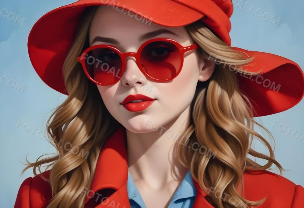 A Young Woman With Fair Skin And Light Brown Hair Approximately 25 Years Old Wearing A Red Hat And Red Sunglasses She Has Red Lipstick And Is Dressed In A Red Coat The Background Is A Solid Light Blue Color 9 7cbb