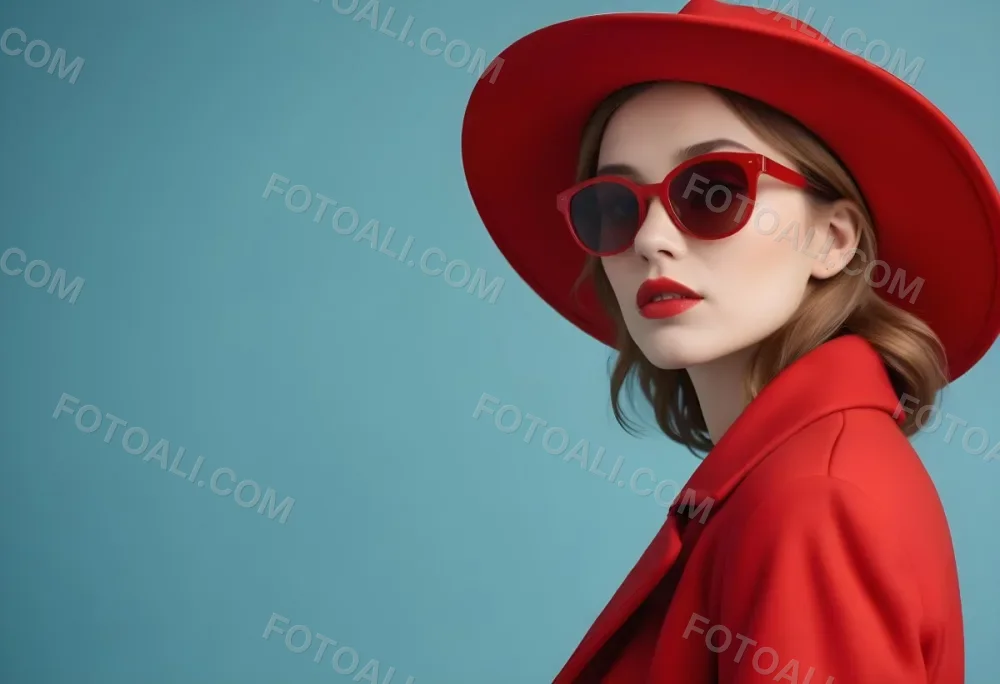 A Young Woman With Fair Skin And Light Brown Hair Approximately 25 Years Old Wearing A Red Hat And Red Sunglasses She Has Red Lipstick And Is Dressed In A Red Coat The Background Is A Solid Light Blue Color 90 6a5a