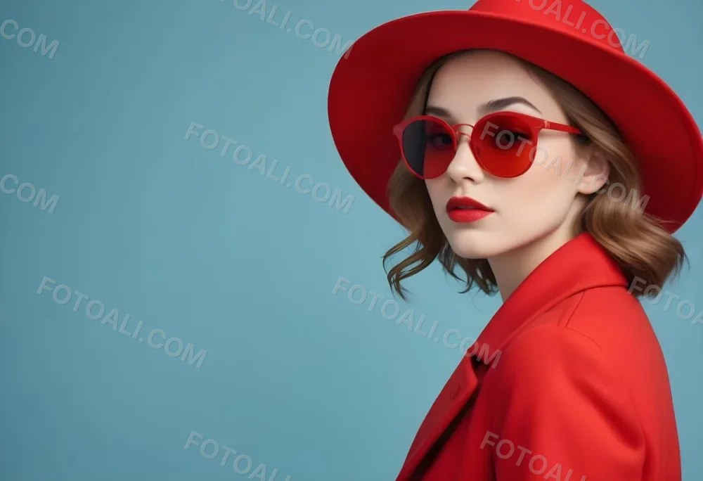 A Young Woman With Fair Skin And Light Brown Hair Approximately 25 Years Old Wearing A Red Hat And Red Sunglasses She Has Red Lipstick And Is Dressed In A Red Coat The Background Is A Solid Light Blue Color 91 3a41