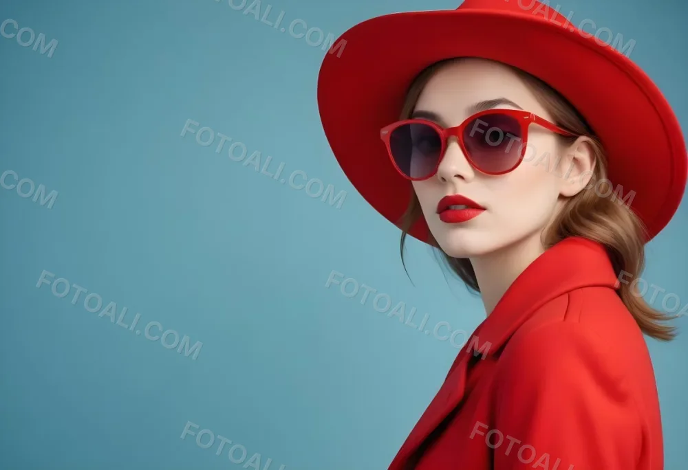 A Young Woman With Fair Skin And Light Brown Hair Approximately 25 Years Old Wearing A Red Hat And Red Sunglasses She Has Red Lipstick And Is Dressed In A Red Coat The Background Is A Solid Light Blue Color 92 Cb98