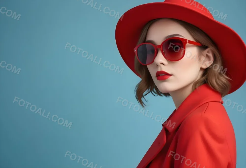 A Young Woman With Fair Skin And Light Brown Hair Approximately 25 Years Old Wearing A Red Hat And Red Sunglasses She Has Red Lipstick And Is Dressed In A Red Coat The Background Is A Solid Light Blue Color 93 30a2