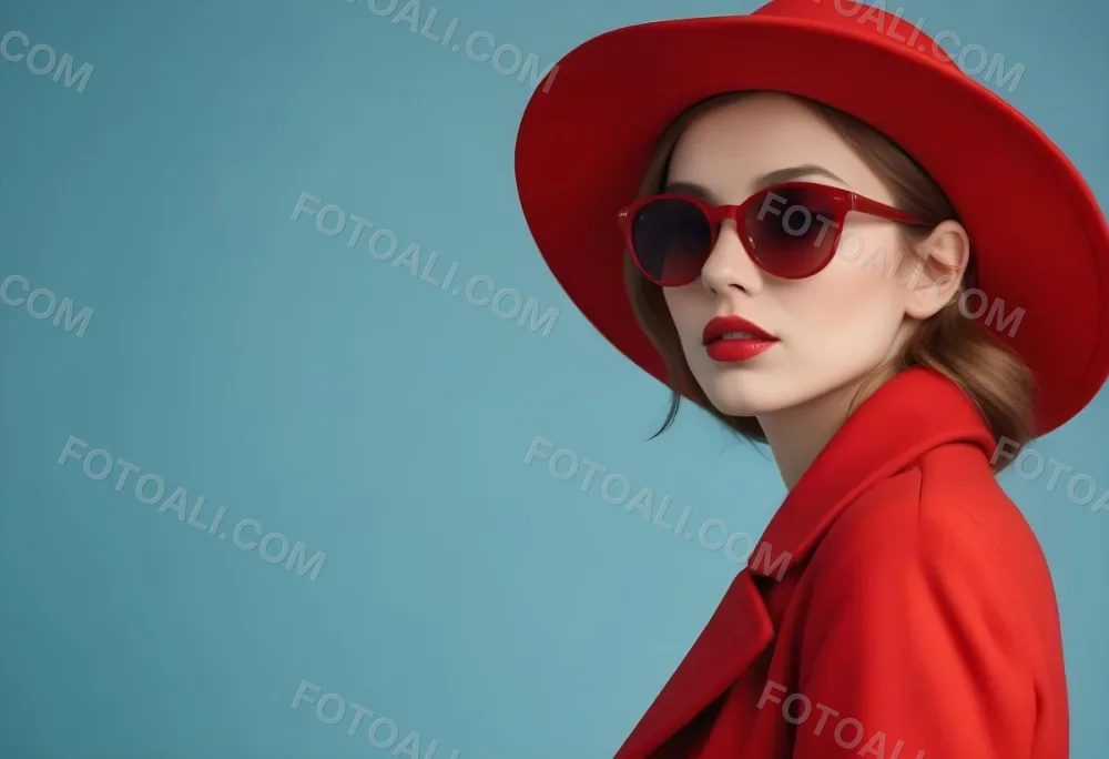 A Young Woman With Fair Skin And Light Brown Hair Approximately 25 Years Old Wearing A Red Hat And Red Sunglasses She Has Red Lipstick And Is Dressed In A Red Coat The Background Is A Solid Light Blue Color 94 A659