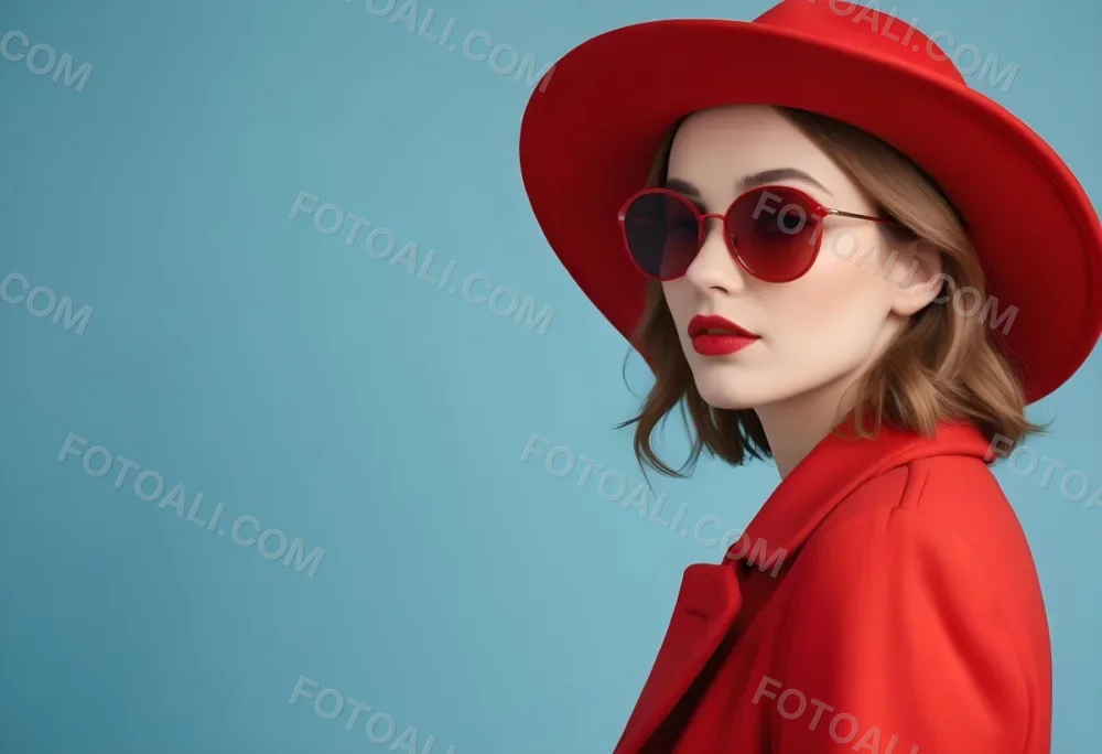 A Young Woman With Fair Skin And Light Brown Hair Approximately 25 Years Old Wearing A Red Hat And Red Sunglasses She Has Red Lipstick And Is Dressed In A Red Coat The Background Is A Solid Light Blue Color 95 2269