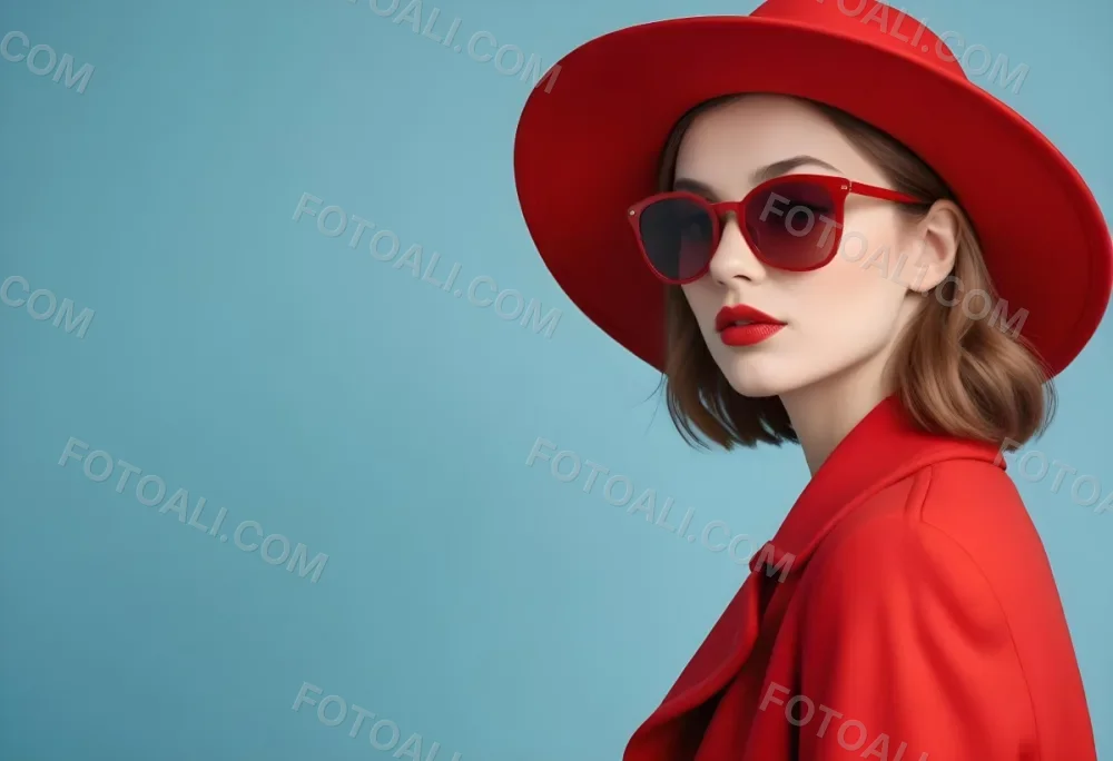 A Young Woman With Fair Skin And Light Brown Hair Approximately 25 Years Old Wearing A Red Hat And Red Sunglasses She Has Red Lipstick And Is Dressed In A Red Coat The Background Is A Solid Light Blue Color 96 E5a6
