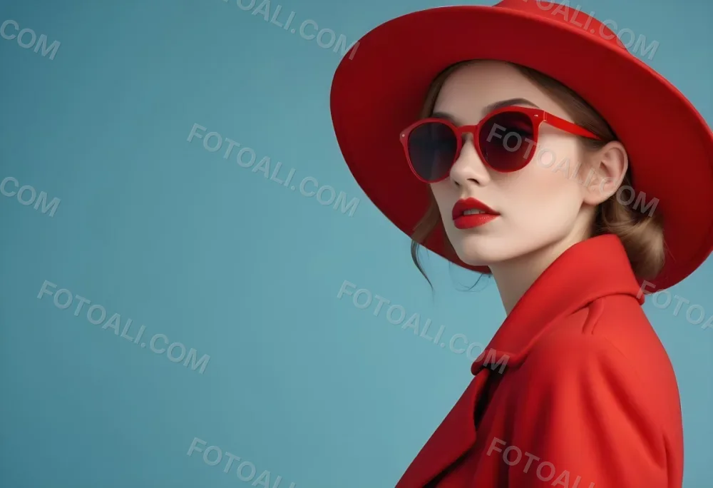 A Young Woman With Fair Skin And Light Brown Hair Approximately 25 Years Old Wearing A Red Hat And Red Sunglasses She Has Red Lipstick And Is Dressed In A Red Coat The Background Is A Solid Light Blue Color 98 B47d