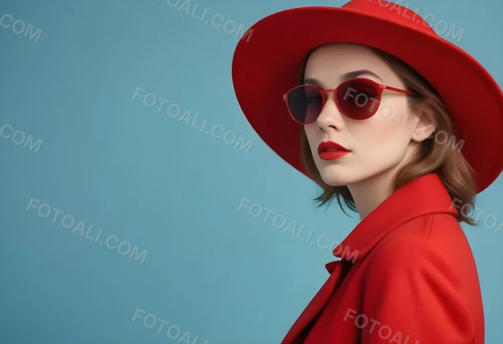 A Young Woman With Fair Skin And Light Brown Hair Approximately 25 Years Old Wearing A Red Hat And Red Sunglasses She Has Red Lipstick And Is Dressed In A Red Coat The Background Is A Solid Light Blue Color 99 1cfb