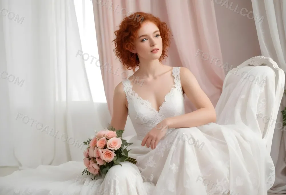 A Young Woman With Fair Skin And Red Curly Hair Approximately 25 Years Old Wearing A White Lace Wedding Dress She Is Seated On An Elegant White Chair Holding A Bouquet Of Pink Flowers With Greenery The Backgroun 10 De8f