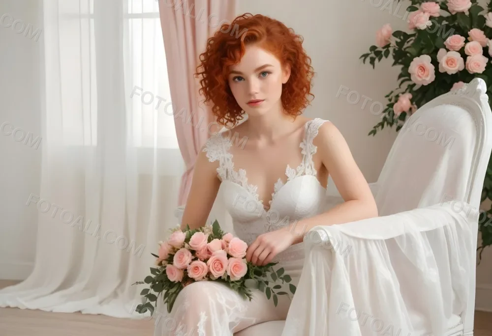 A Young Woman With Fair Skin And Red Curly Hair Approximately 25 Years Old Wearing A White Lace Wedding Dress She Is Seated On An Elegant White Chair Holding A Bouquet Of Pink Flowers With Greenery The Backgroun 12 721b