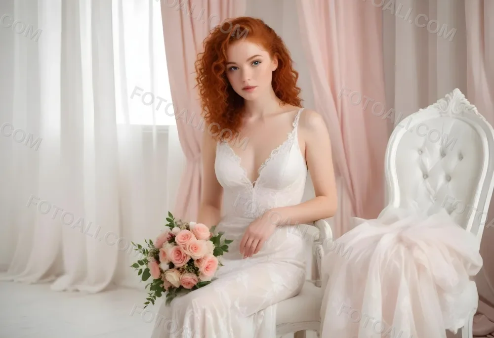 A Young Woman With Fair Skin And Red Curly Hair Approximately 25 Years Old Wearing A White Lace Wedding Dress She Is Seated On An Elegant White Chair Holding A Bouquet Of Pink Flowers With Greenery The Backgroun 15 E4b6
