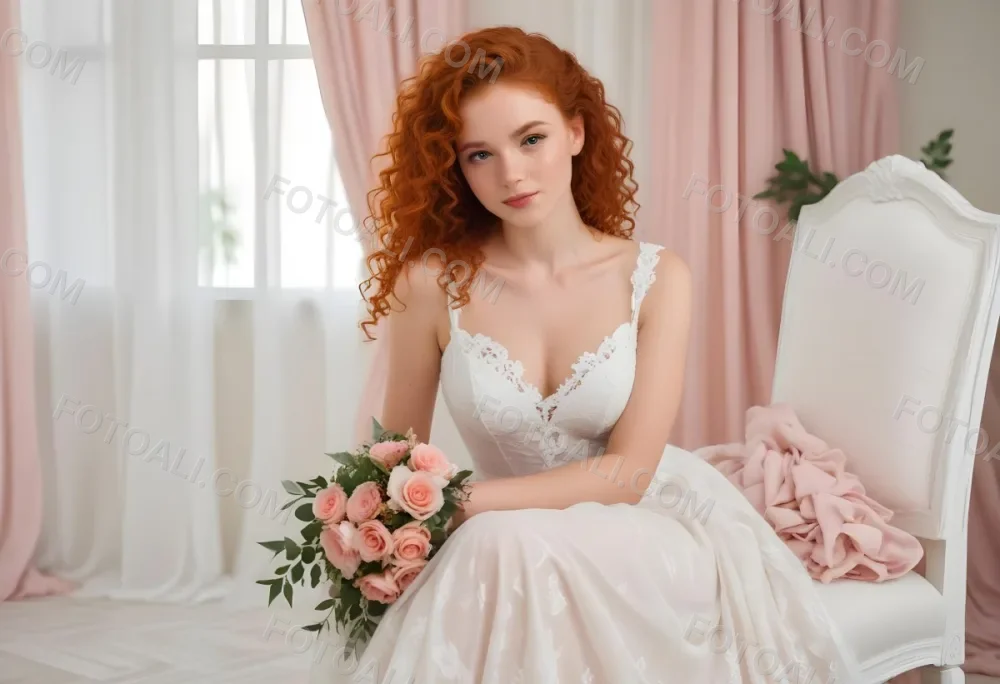 A Young Woman With Fair Skin And Red Curly Hair Approximately 25 Years Old Wearing A White Lace Wedding Dress She Is Seated On An Elegant White Chair Holding A Bouquet Of Pink Flowers With Greenery The Backgroun 18 783a