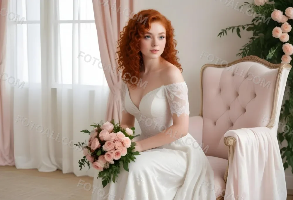 A Young Woman With Fair Skin And Red Curly Hair Approximately 25 Years Old Wearing A White Lace Wedding Dress She Is Seated On An Elegant White Chair Holding A Bouquet Of Pink Flowers With Greenery The Backgroun 20 E25c