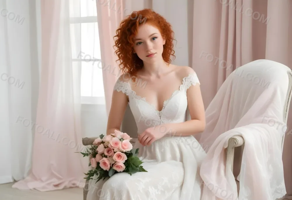 A Young Woman With Fair Skin And Red Curly Hair Approximately 25 Years Old Wearing A White Lace Wedding Dress She Is Seated On An Elegant White Chair Holding A Bouquet Of Pink Flowers With Greenery The Backgroun 21 6d15